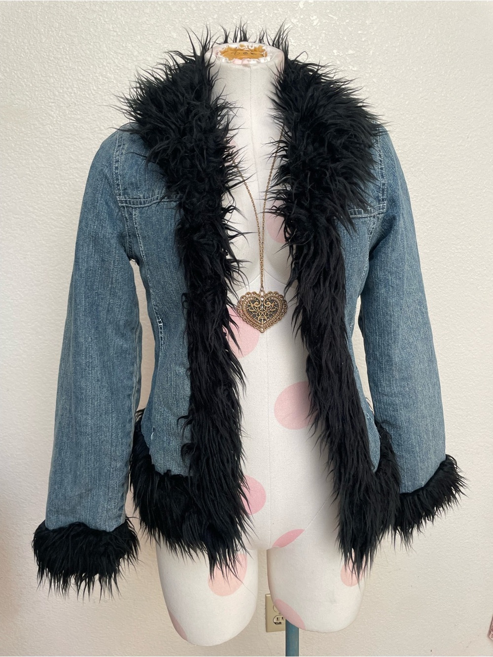 Outer Edge Blue Denim Jacket with Black Faux-Fur Trim